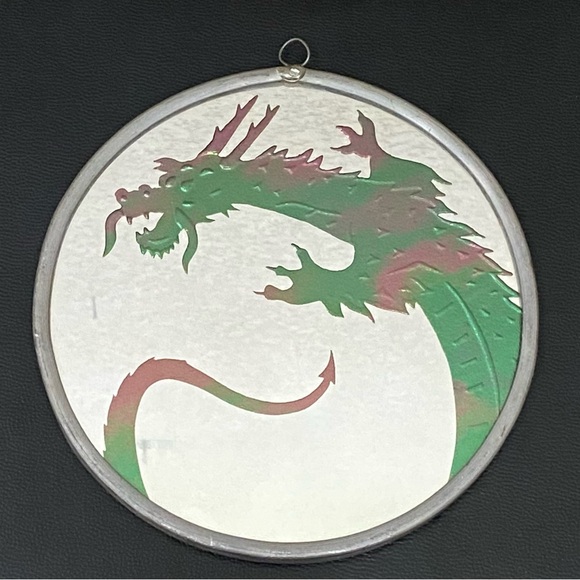 Vintage Handmade Dragon Foiled Mirrored Art Glass 6” Suncatcher Hanging Decor - Picture 1 of 12